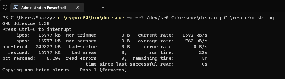 ddrescue doing its thing, but in Windows